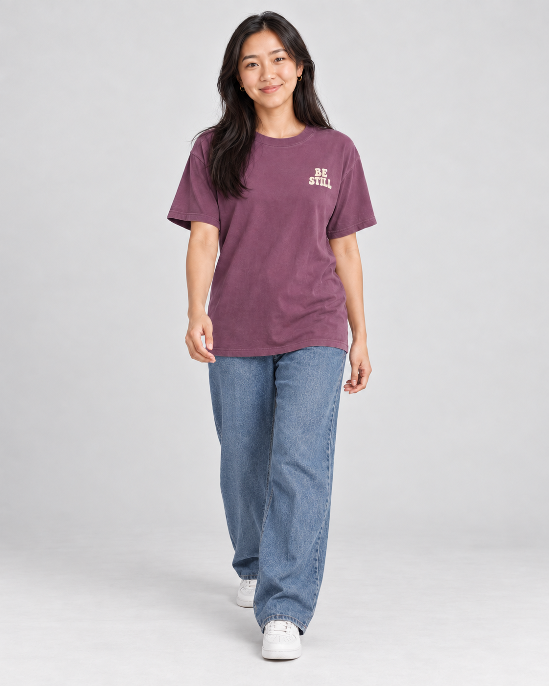 Be Still & Know Tee — Berry — 02 walking