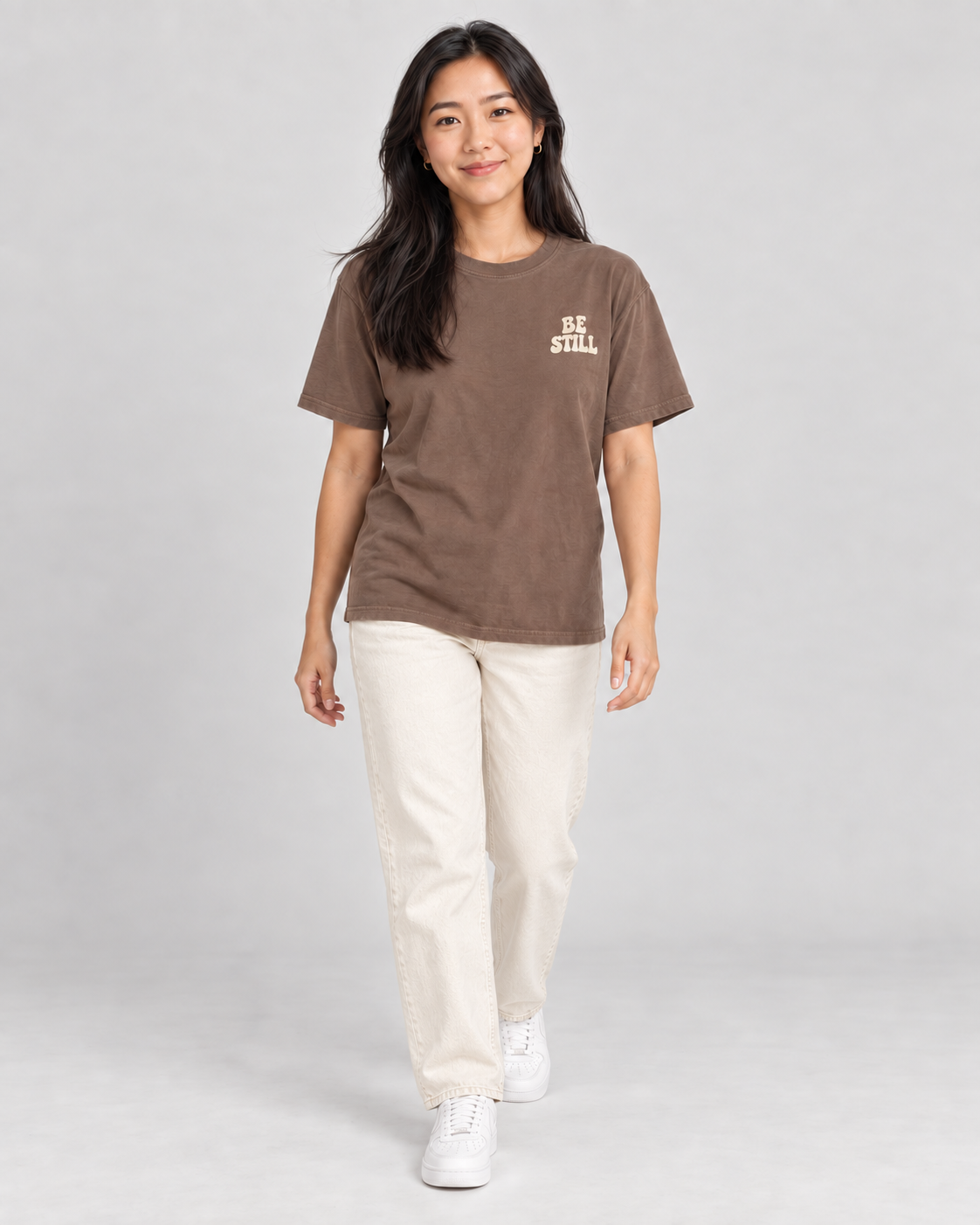 Be Still & Know Tee — Espresso — 02 walking