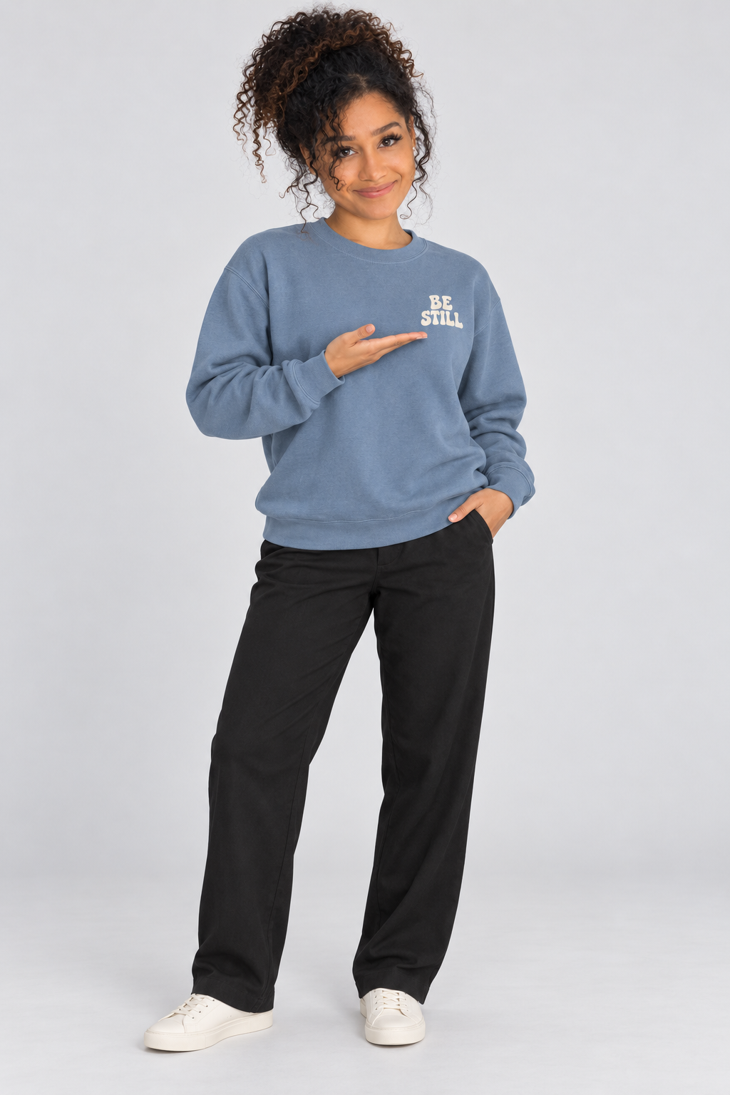 Be Still & Know Sweatshirt in Blue Jean — standing front view.