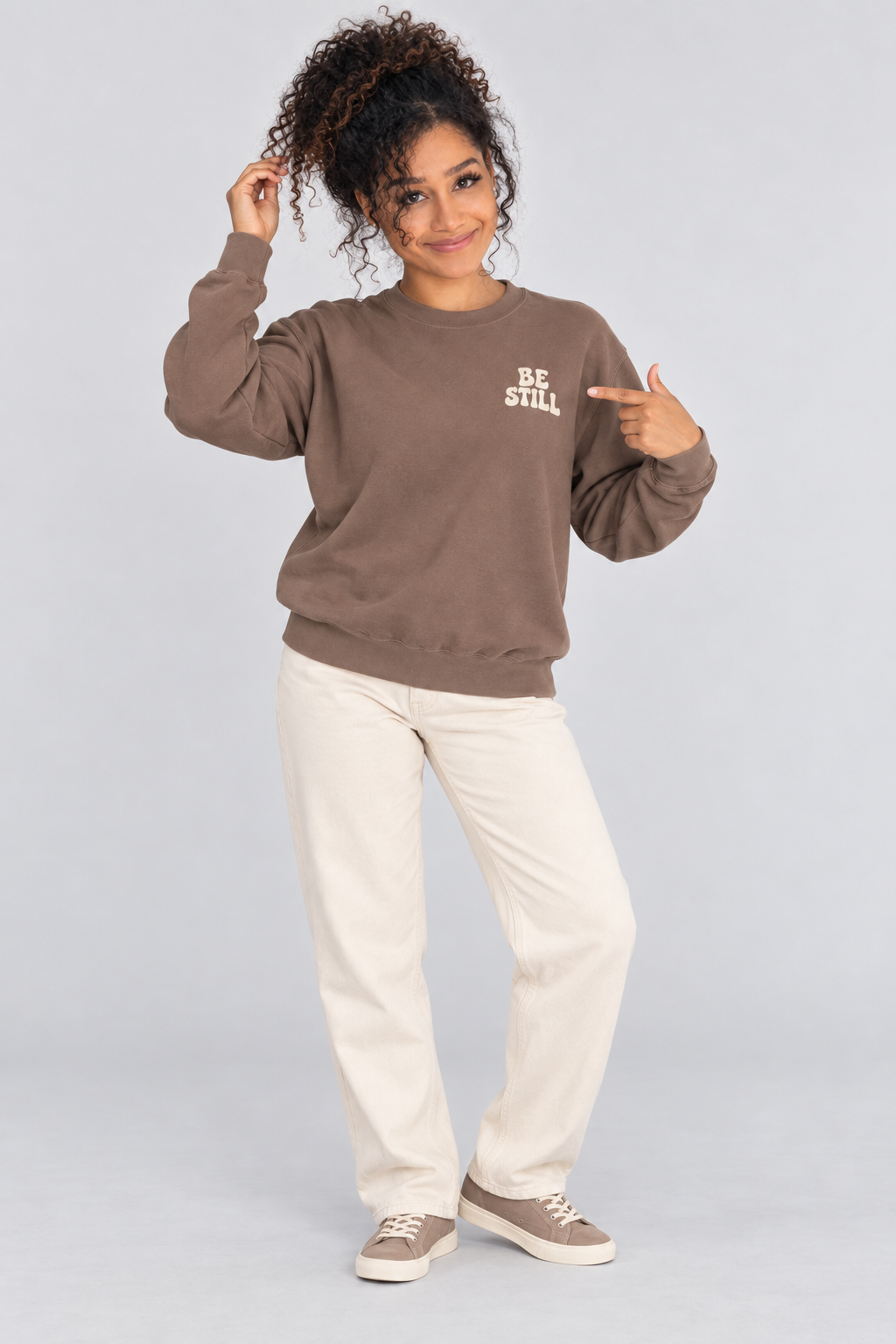 Be Still & Know Sweatshirt in Espresso — standing front view.