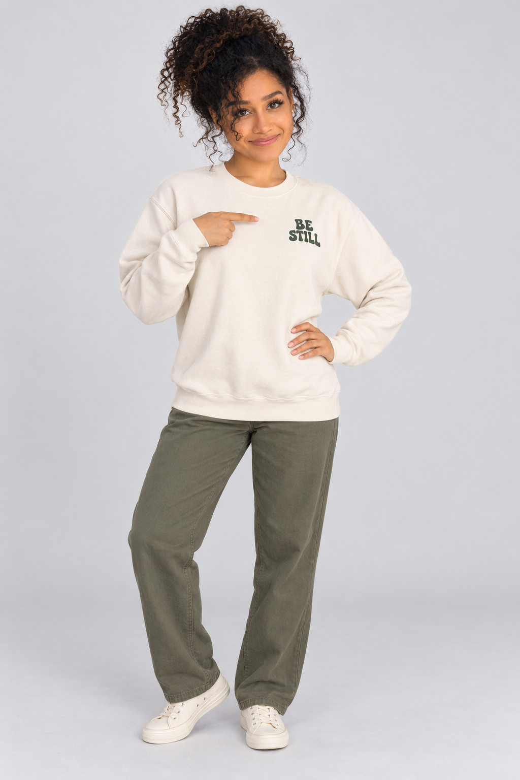 Be Still & Know Sweatshirt in Ivory — standing front view.