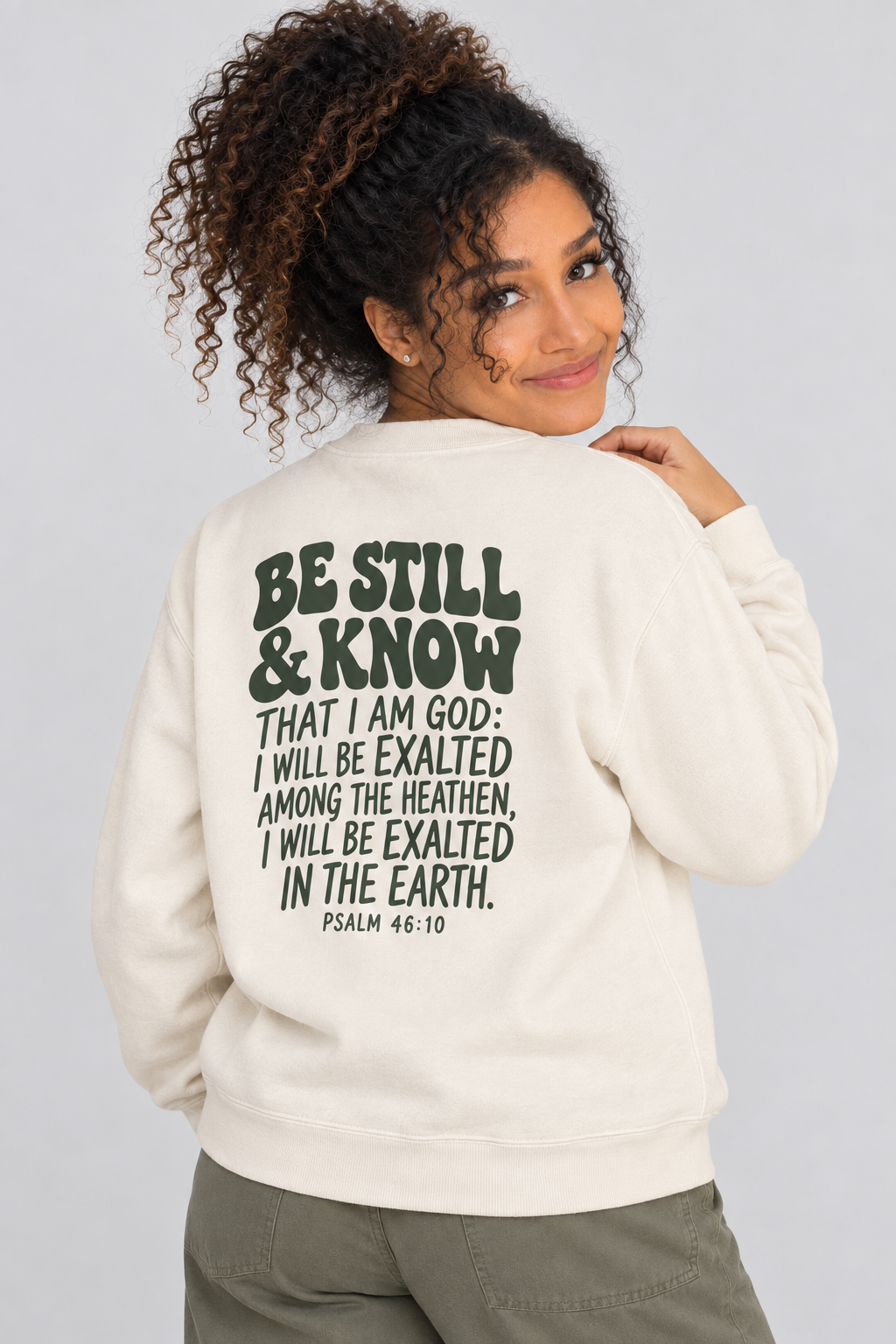 Be Still & Know Sweatshirt in Ivory — back print detail.