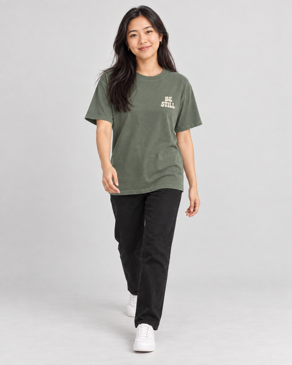 Be Still & Know Tee — Moss — 02 walking