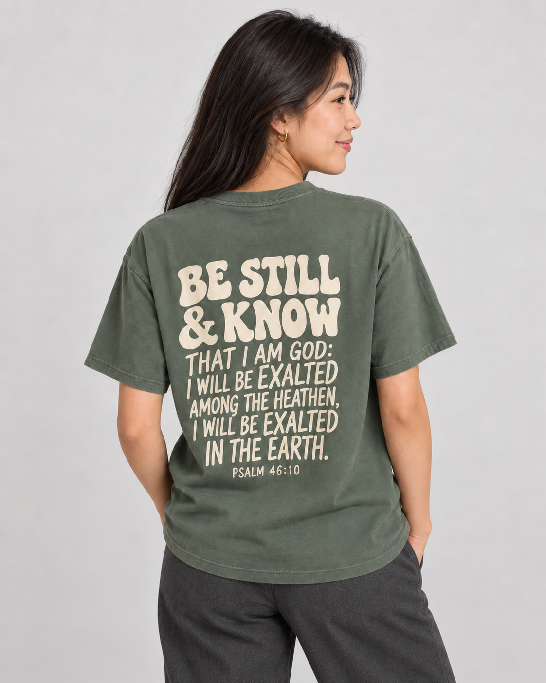 Be Still & Know Tee — Moss — 04 back detail
