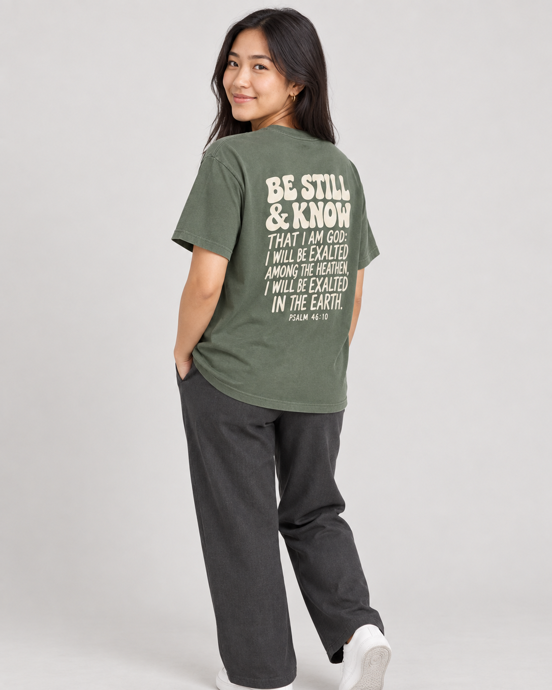 Be Still & Know Tee — Moss — 05 back lifestyle