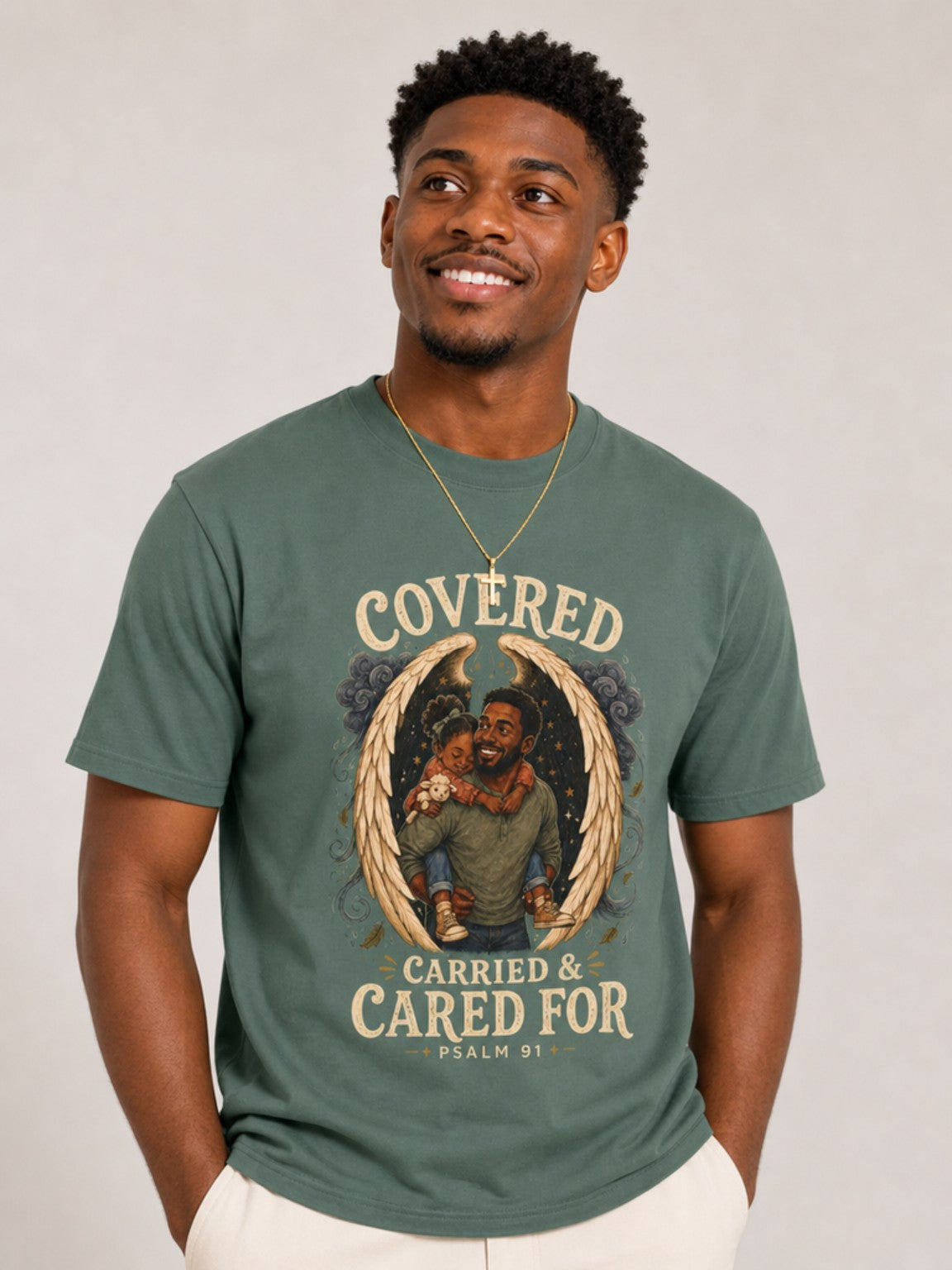 Covered, Carried & Cared For Psalm 91 tee — Blue Spruce featured