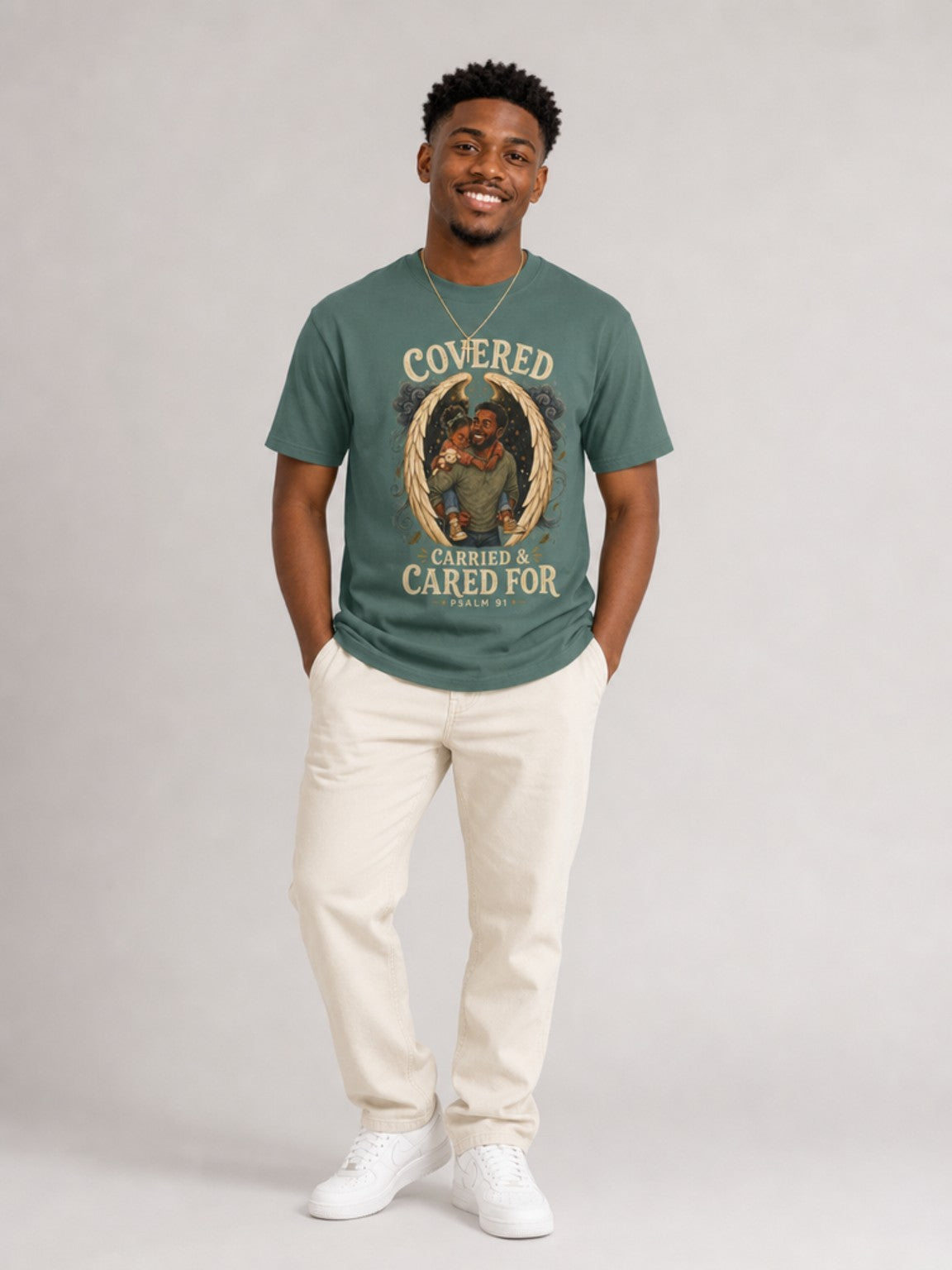 Covered, Carried & Cared For Psalm 91 tee — Blue Spruce standing