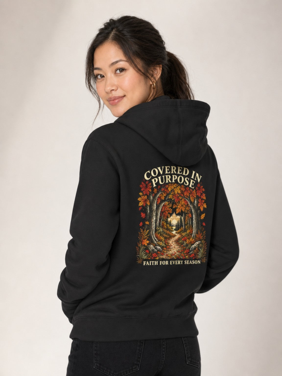 Covered in Purpose Hoodie in Black, back view