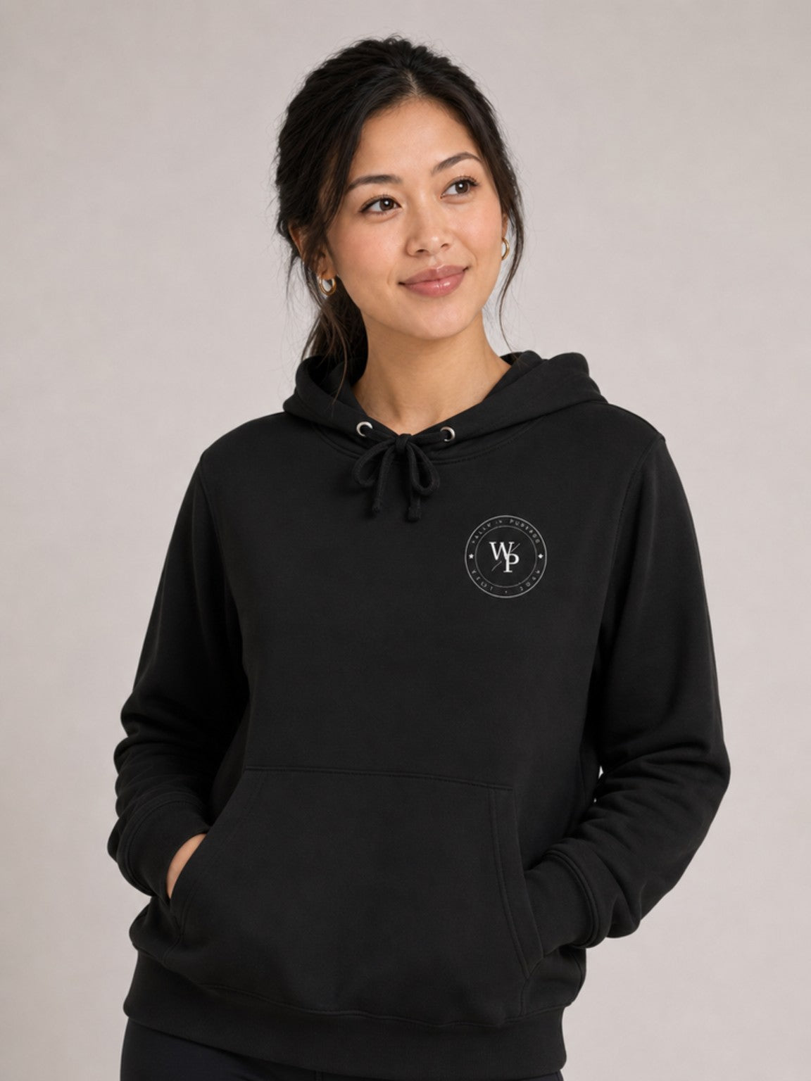 Covered in Purpose Hoodie in Black, looking up view