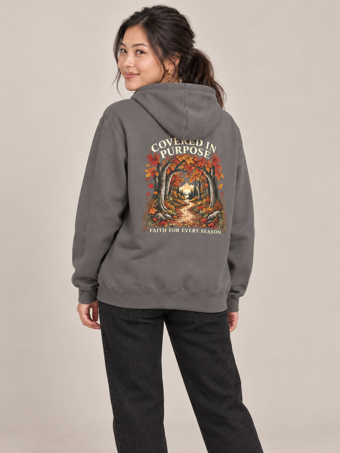 Covered in Purpose Hoodie in Storm, back view