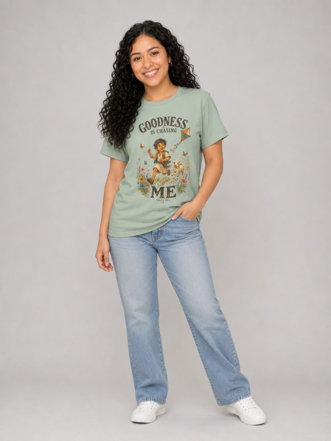 Goodness Is Chasing Me Psalm 23:6 tee in Bay, standing model view