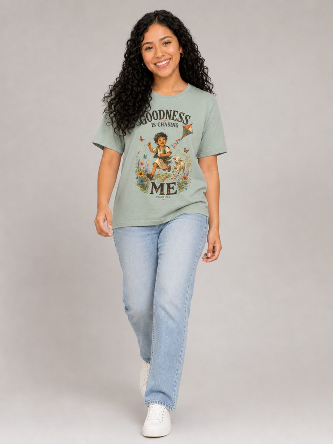 Goodness Is Chasing Me Psalm 23:6 tee in Bay, walking model view