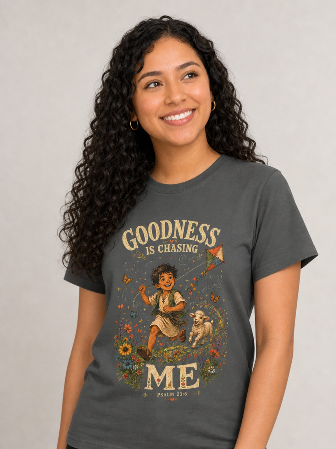 Goodness Is Chasing Me Psalm 23:6 tee in Pepper, featured model view