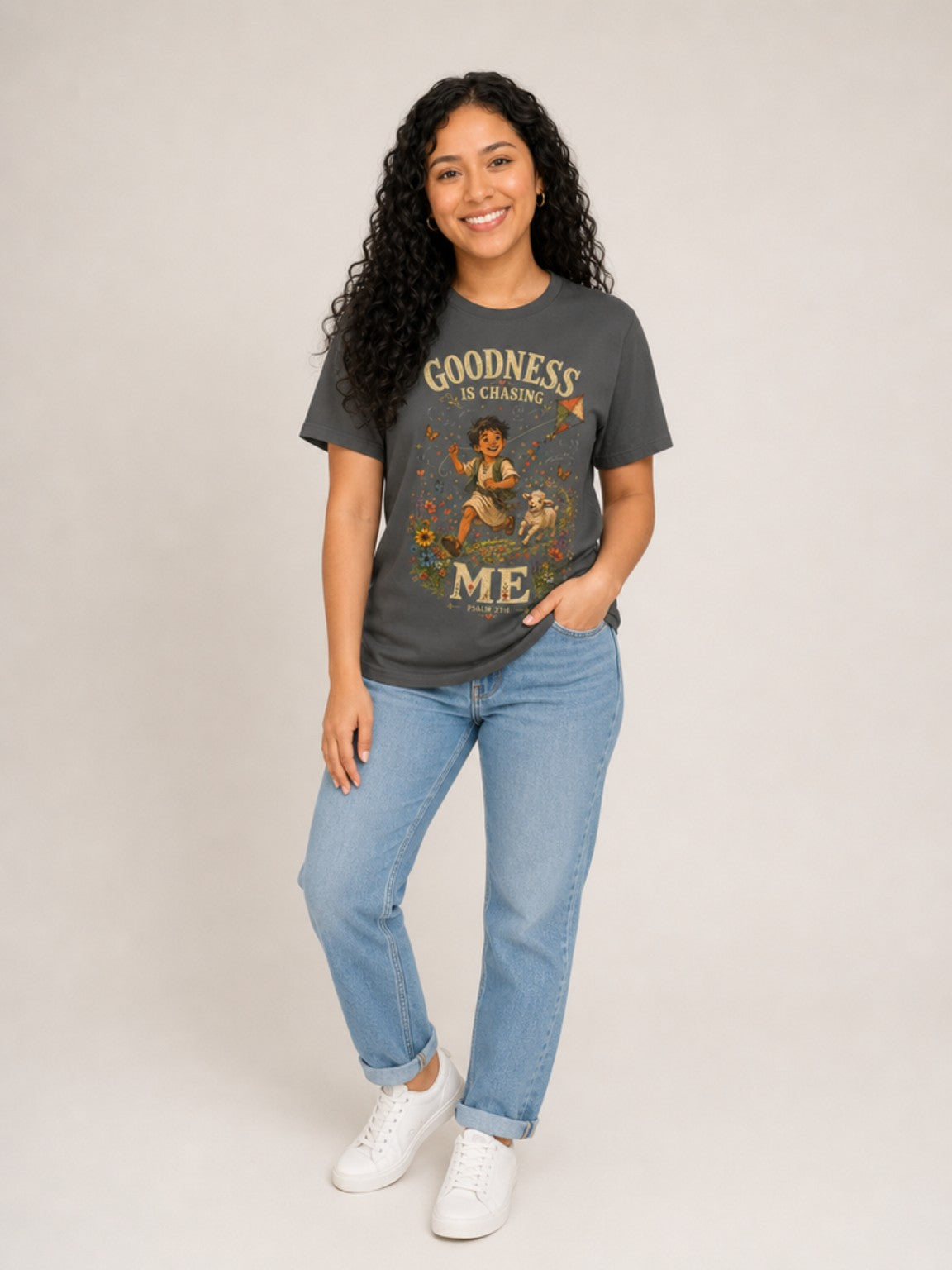 Goodness Is Chasing Me Psalm 23:6 tee in Pepper, standing model view