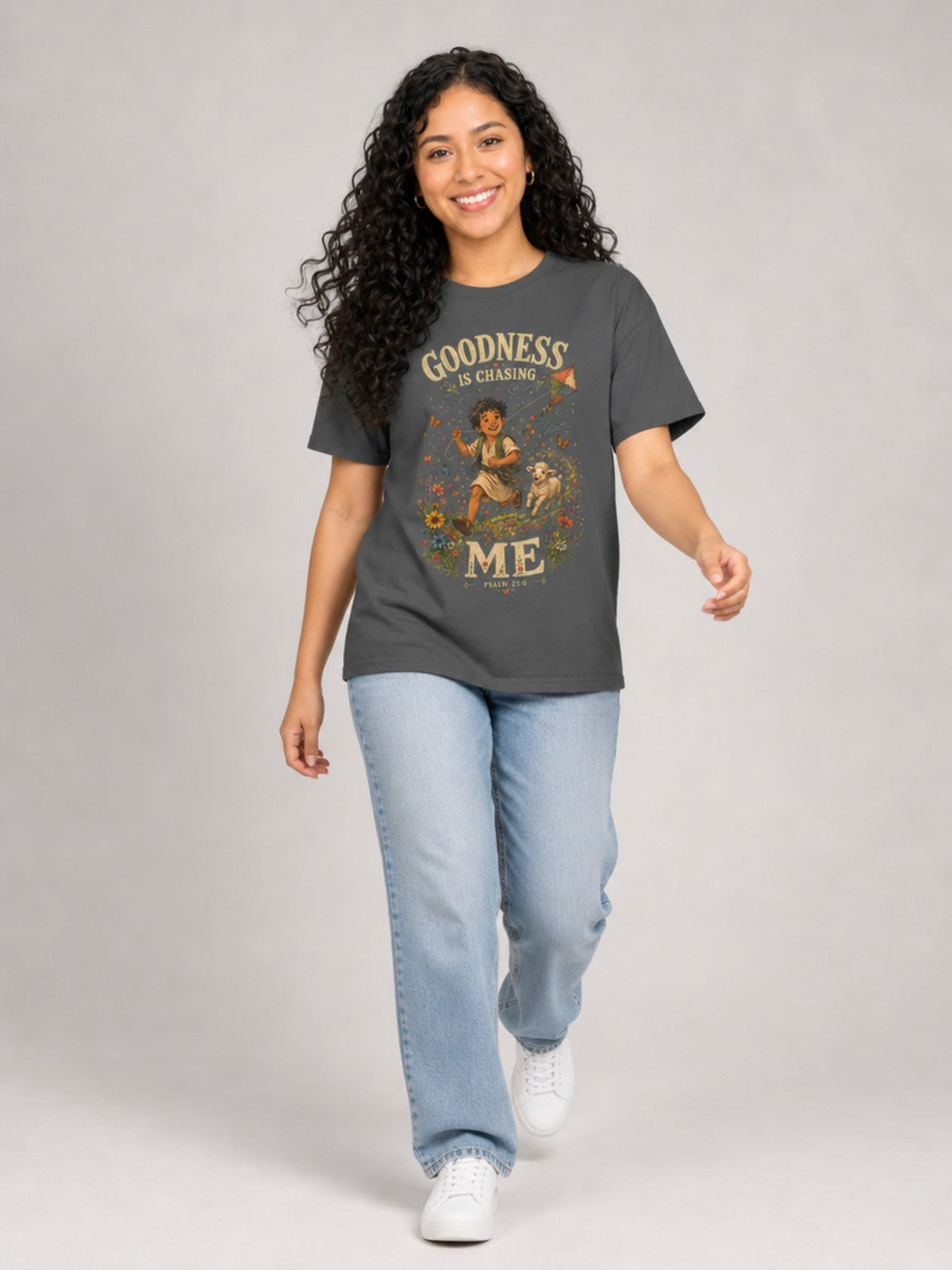 Goodness Is Chasing Me Psalm 23:6 tee in Pepper, walking model view