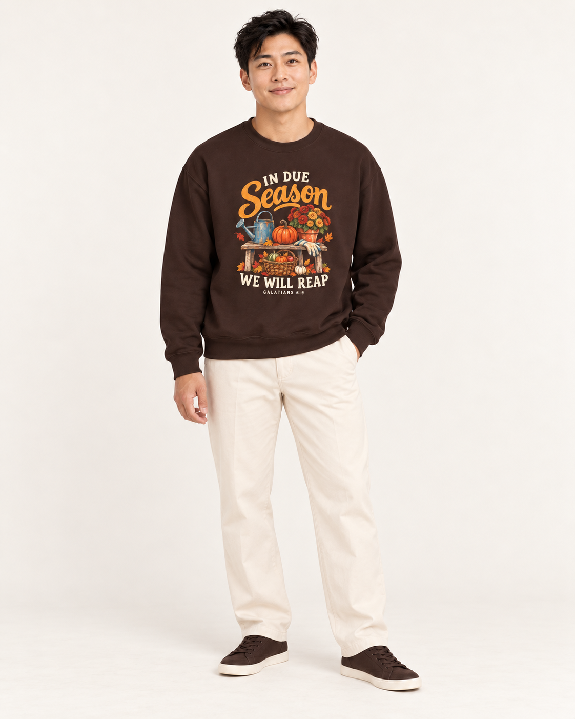 In Due Season sweatshirt in Dark Chocolate — standing on a model
