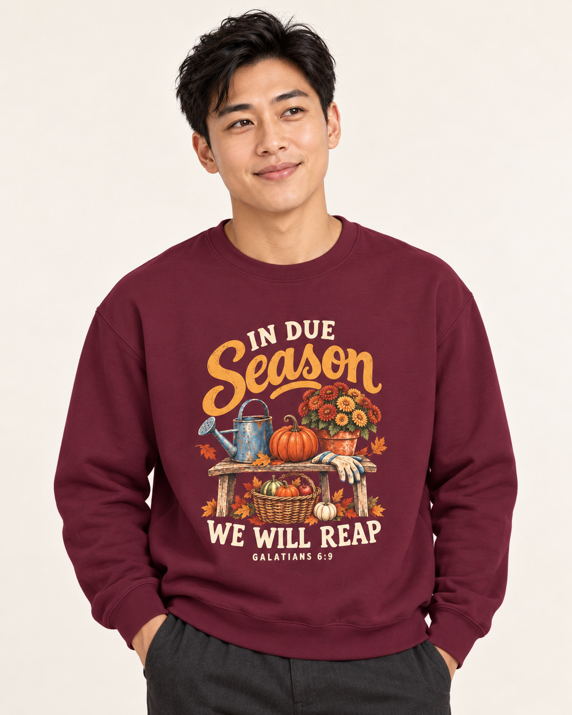 In Due Season sweatshirt in Maroon — front design close-up on a model