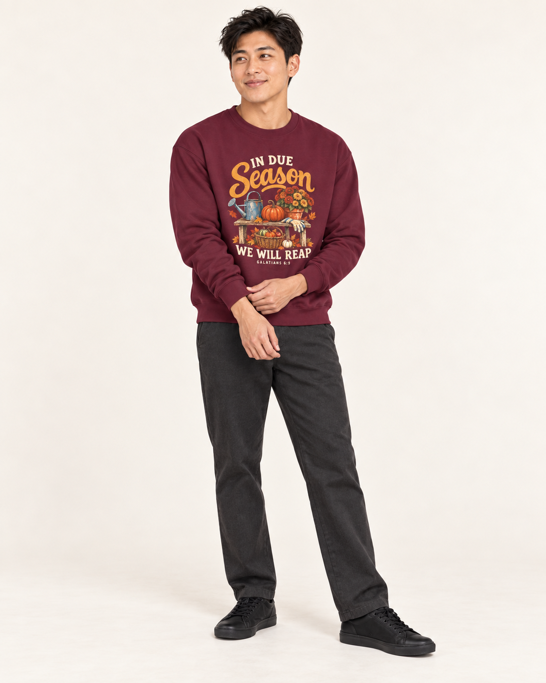 In Due Season sweatshirt in Maroon — standing on a model