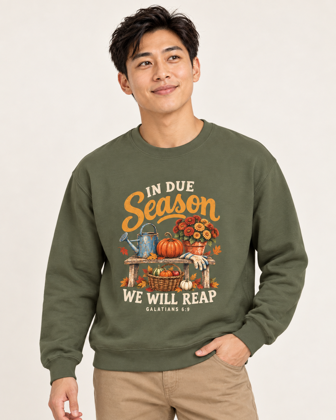 In Due Season sweatshirt in Military Green — front design close-up on a model