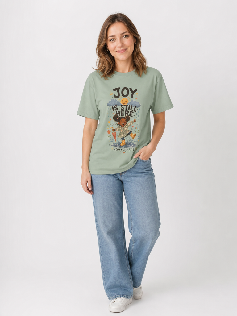 Joy Is Still Here Romans 15:13 Christian tee in Bay, relaxed fit