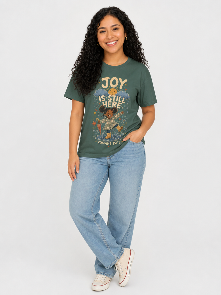 Joy Is Still Here Romans 15:13 Christian tee in Blue Spruce, relaxed fit