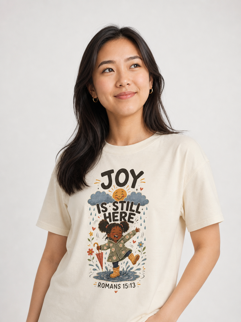 Joy Is Still Here Romans 15:13 Christian tee in Ivory, close-up