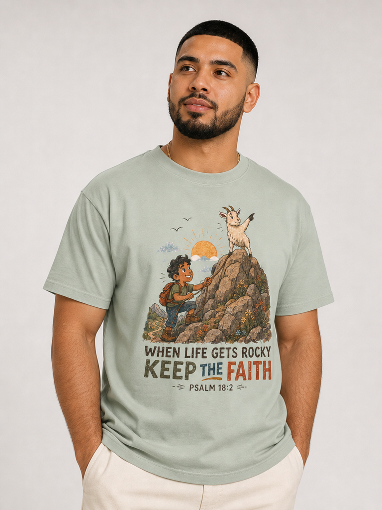 When Life Gets Rocky, Keep the Faith Christian T-shirt in Bay, looking-up model view
