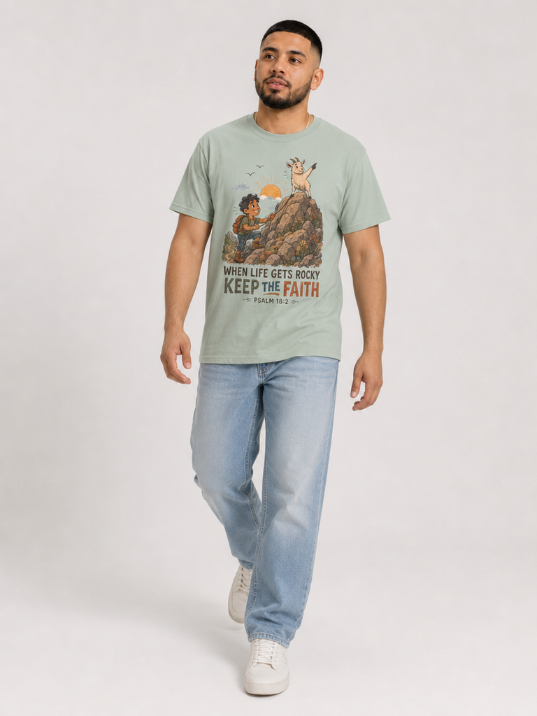 When Life Gets Rocky, Keep the Faith Christian T-shirt in Bay, mid-stride model view