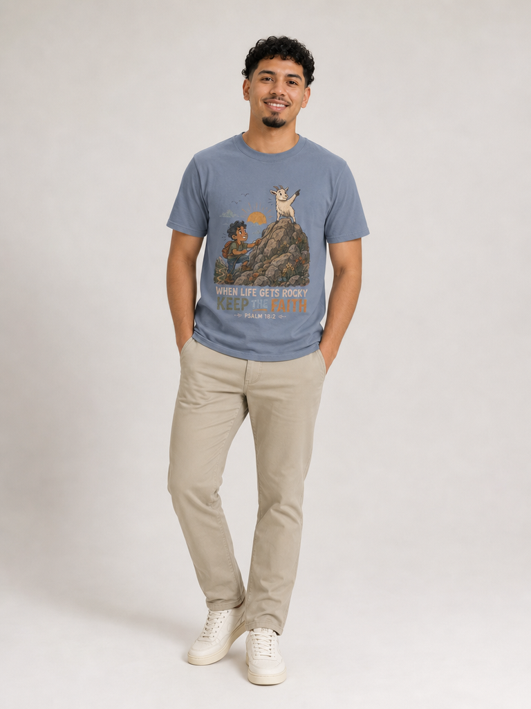 When Life Gets Rocky, Keep the Faith Christian T-shirt in Blue Jean, contrapposto model view