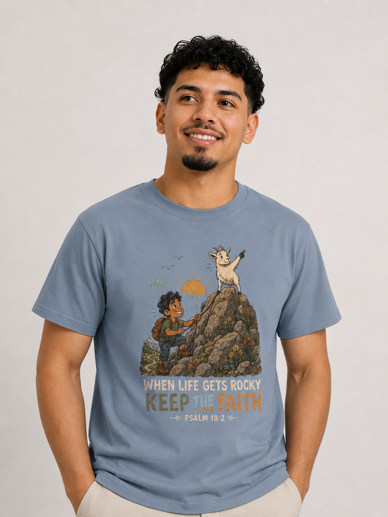 When Life Gets Rocky, Keep the Faith Christian T-shirt in Blue Jean, looking-up model view