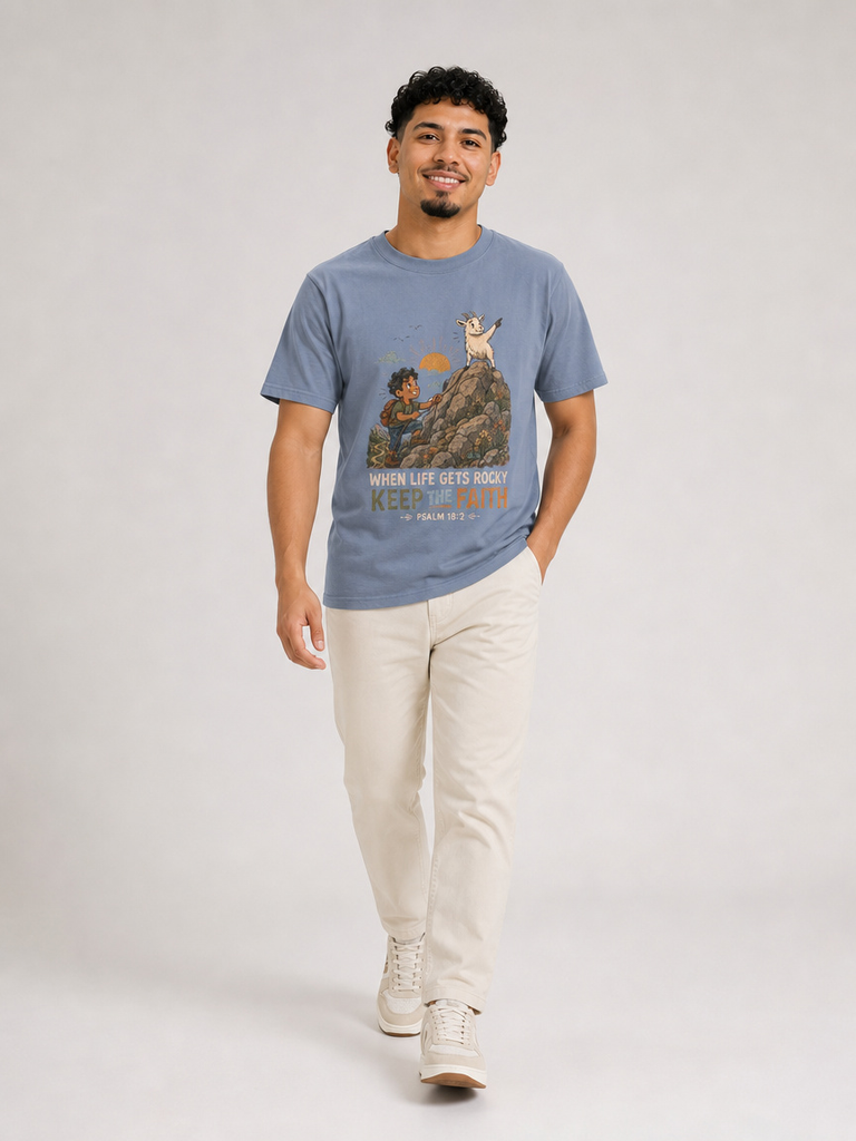 When Life Gets Rocky, Keep the Faith Christian T-shirt in Blue Jean, mid-stride model view