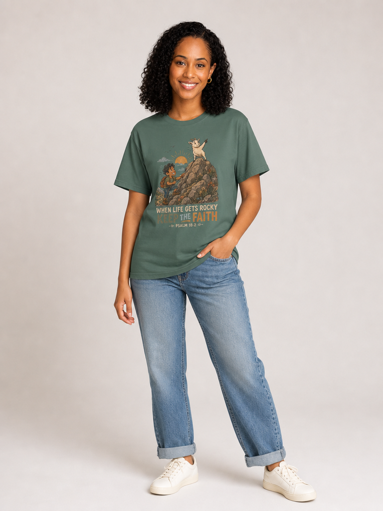 When Life Gets Rocky, Keep the Faith Christian T-shirt in Blue Spruce, contrapposto model view