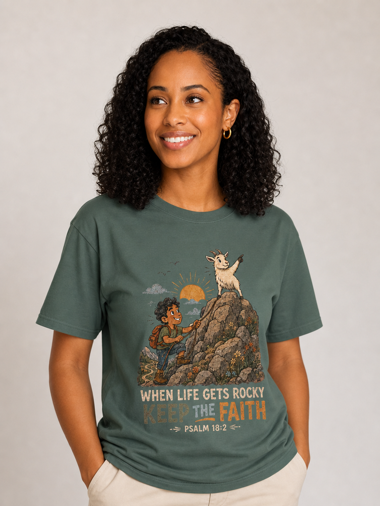 When Life Gets Rocky, Keep the Faith Christian T-shirt in Blue Spruce, looking-up model view