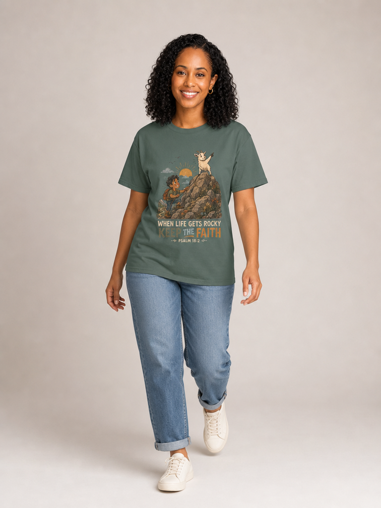 When Life Gets Rocky, Keep the Faith Christian T-shirt in Blue Spruce, mid-stride model view