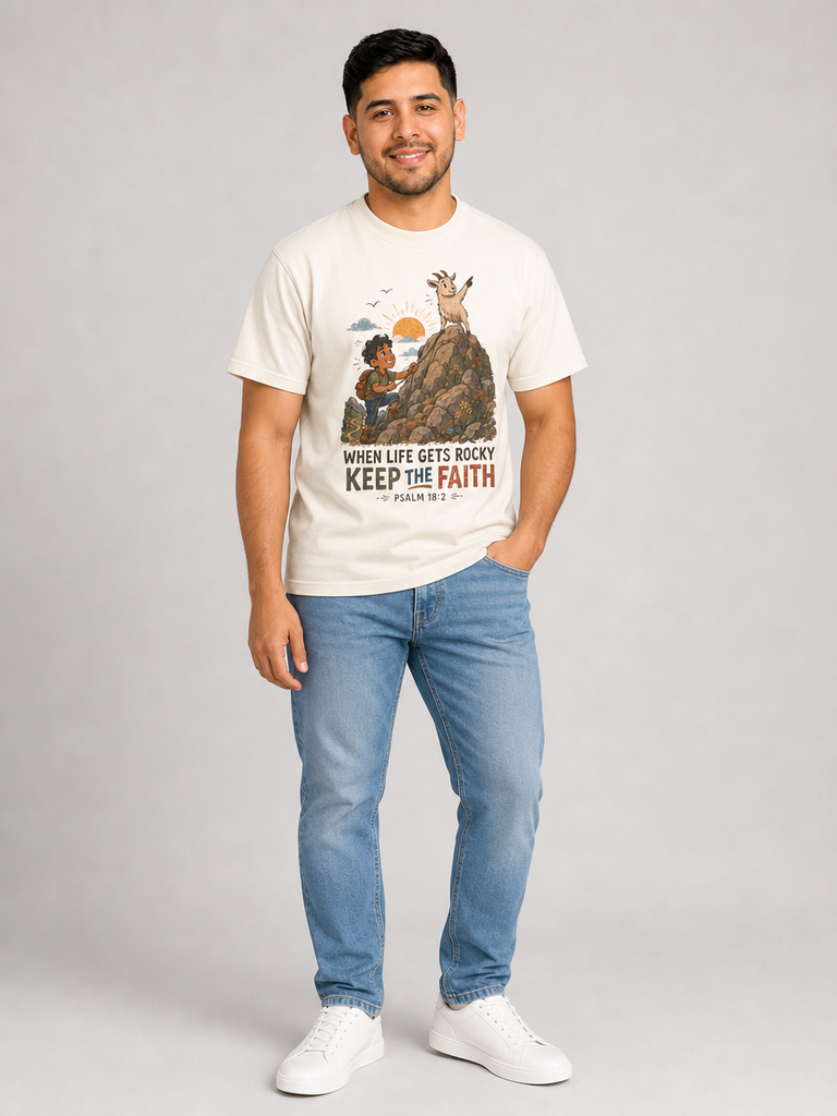 When Life Gets Rocky, Keep the Faith Christian T-shirt in Ivory, contrapposto model view