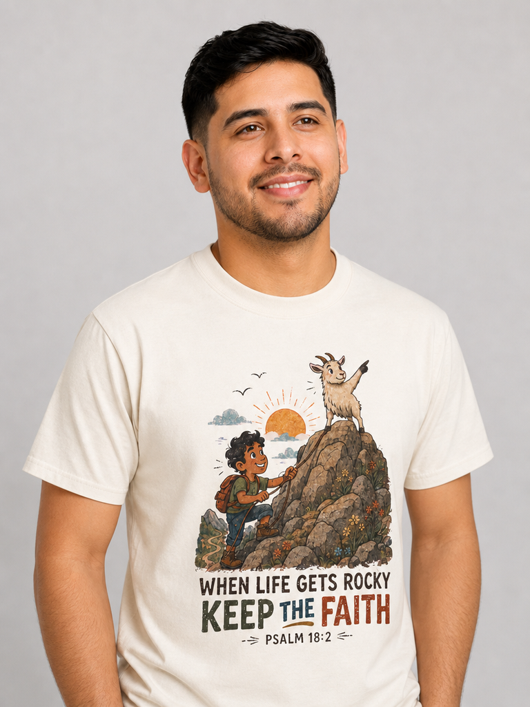 When Life Gets Rocky, Keep the Faith Christian T-shirt in Ivory, looking-up model view