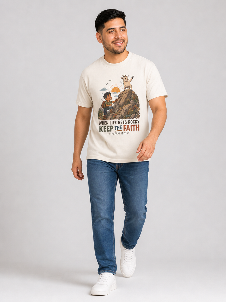 When Life Gets Rocky, Keep the Faith Christian T-shirt in Ivory, mid-stride model view