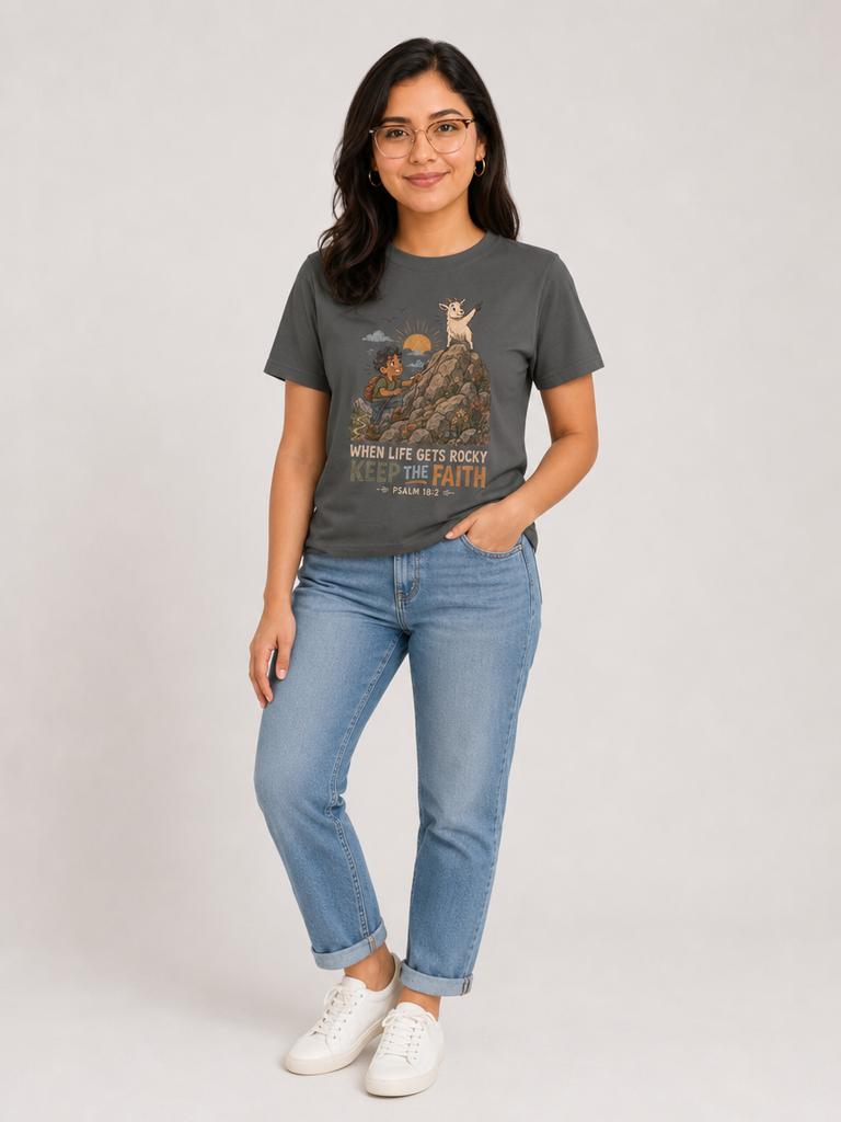 When Life Gets Rocky, Keep the Faith Christian T-shirt in Pepper, contrapposto model view