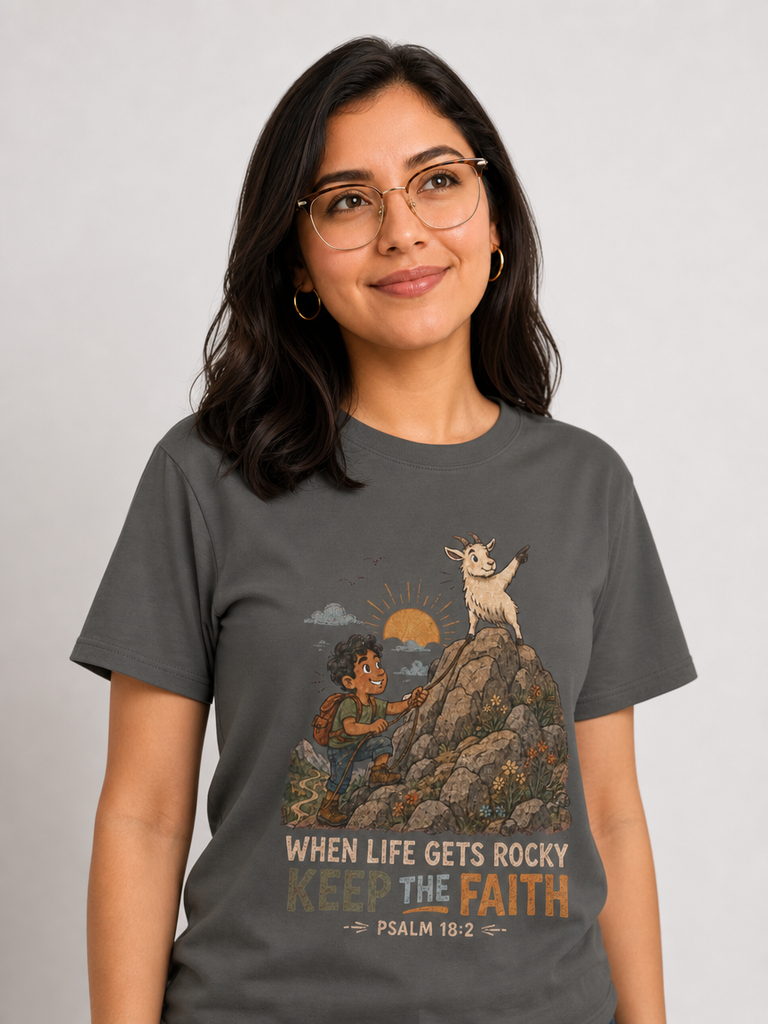 When Life Gets Rocky, Keep the Faith Christian T-shirt in Pepper, looking-up model view