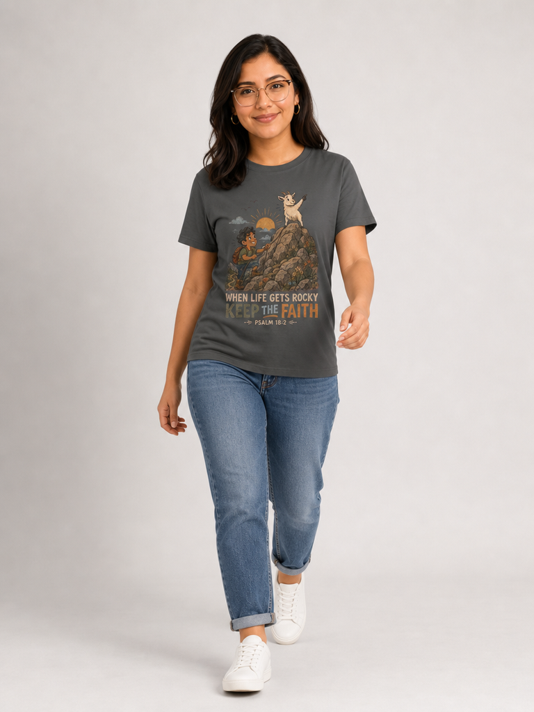 When Life Gets Rocky, Keep the Faith Christian T-shirt in Pepper, mid-stride model view