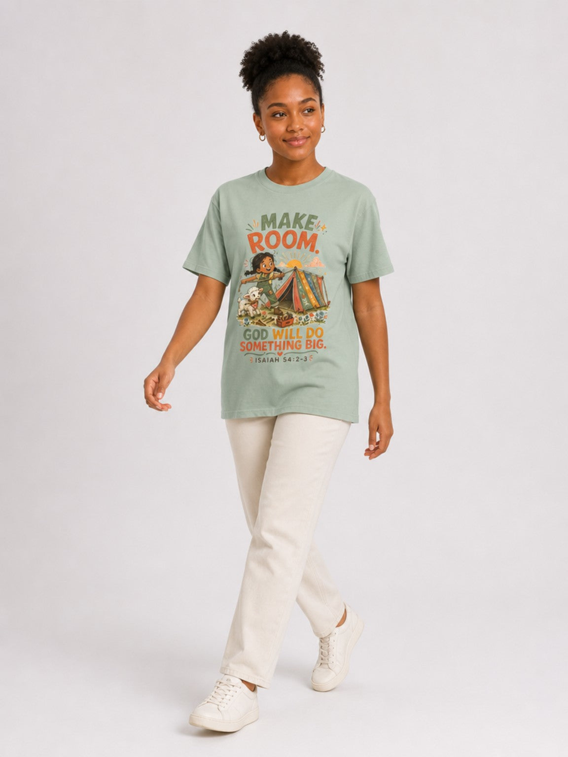 Make Room — God Will Do Something Big Christian T-shirt in Bay, mid-stride model view