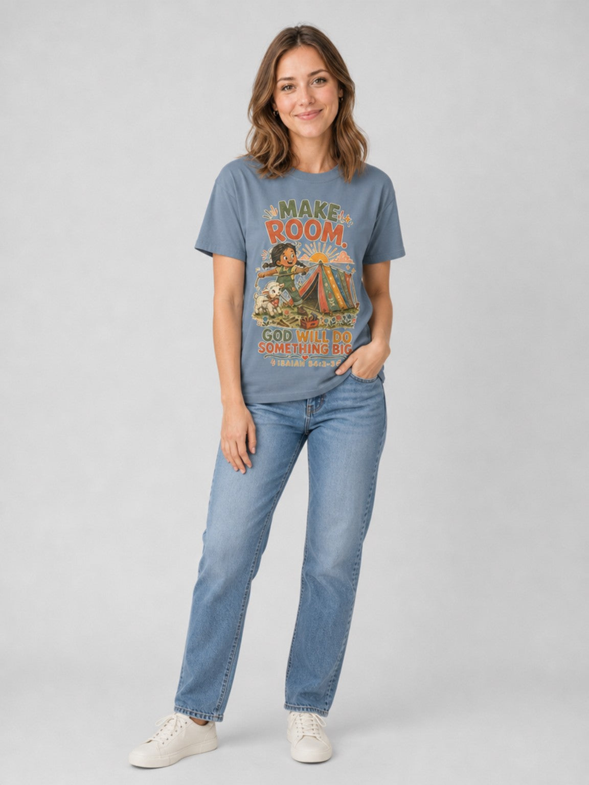 Make Room — God Will Do Something Big Christian T-shirt in Blue Jean, contrapposto model view