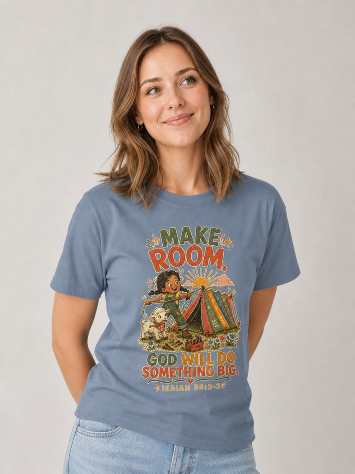 Make Room — God Will Do Something Big Christian T-shirt in Blue Jean, looking-up model view