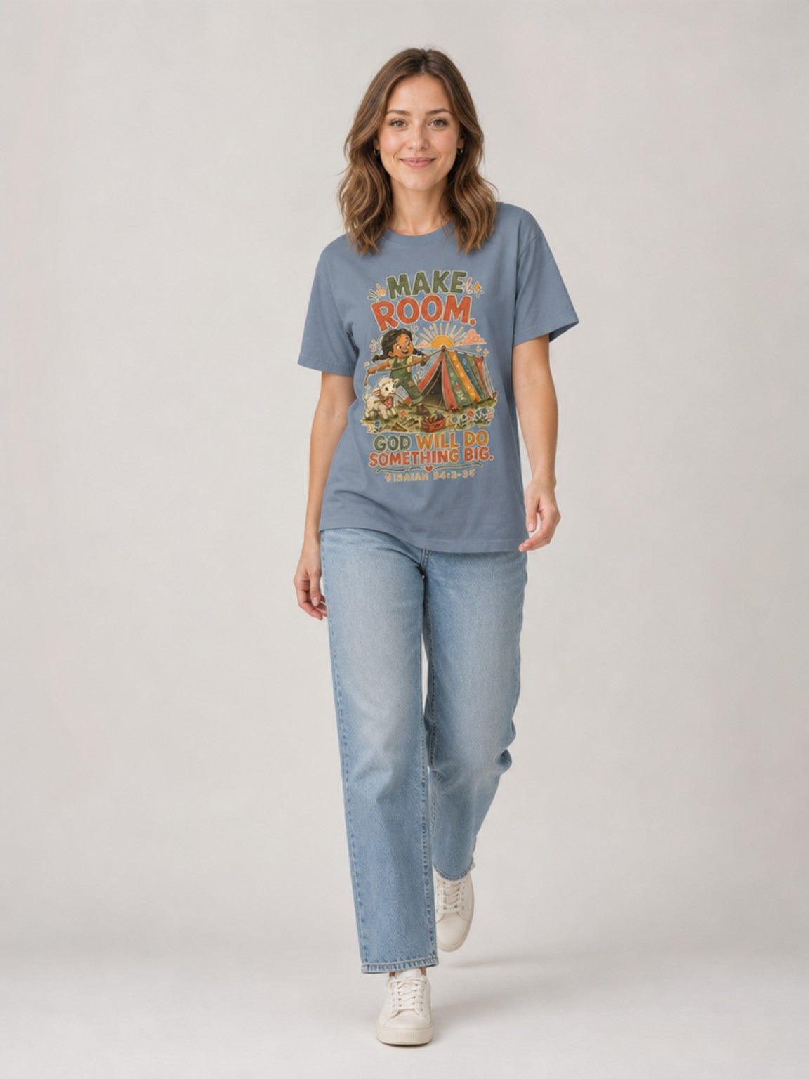 Make Room — God Will Do Something Big Christian T-shirt in Blue Jean, mid-stride model view