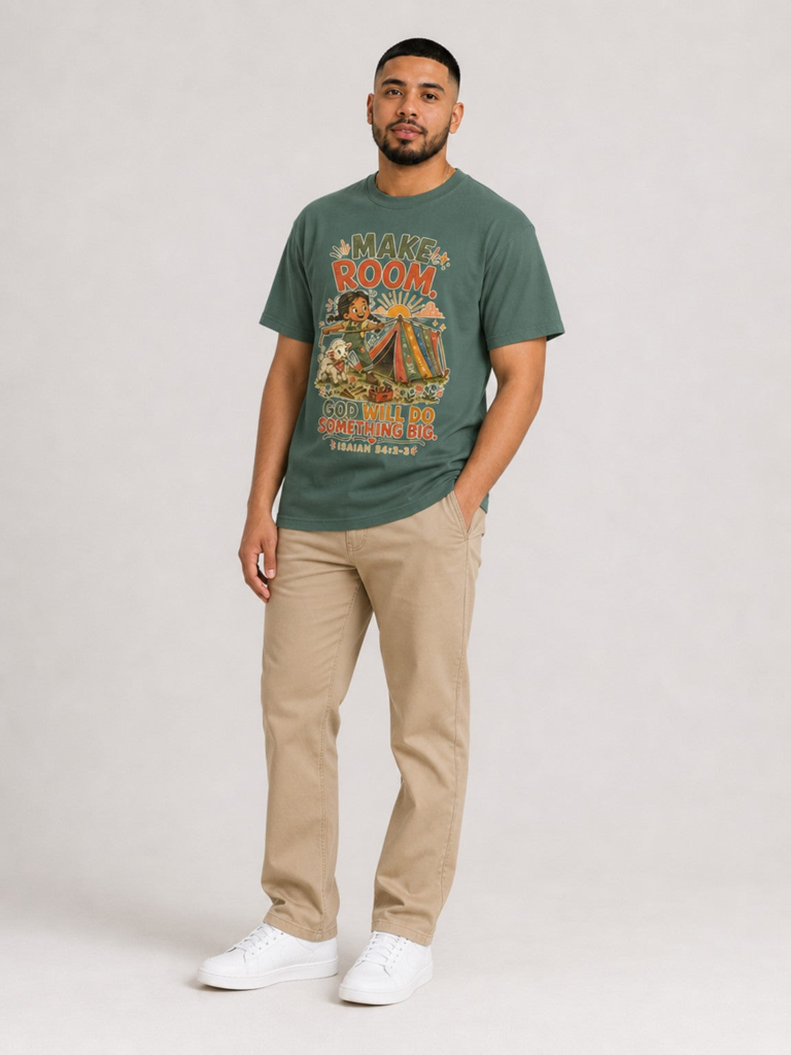 Make Room — God Will Do Something Big Christian T-shirt in Blue Spruce, contrapposto model view