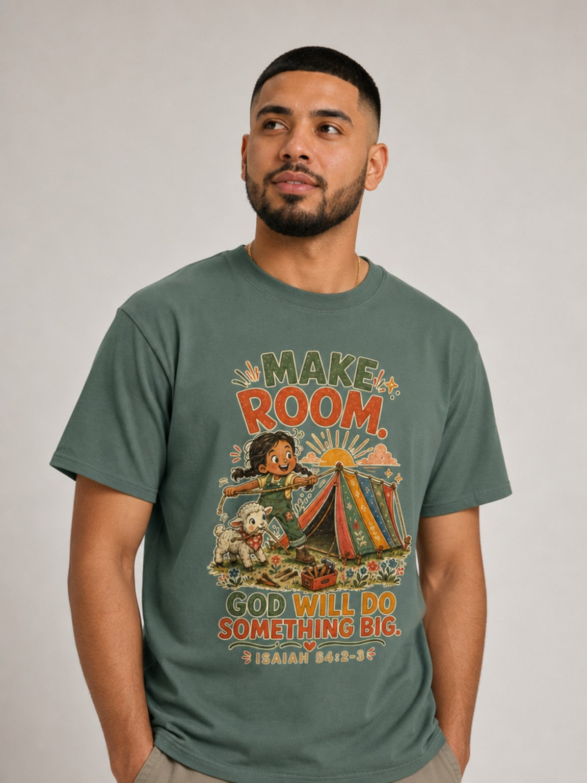 Make Room — God Will Do Something Big Christian T-shirt in Blue Spruce, looking-up model view