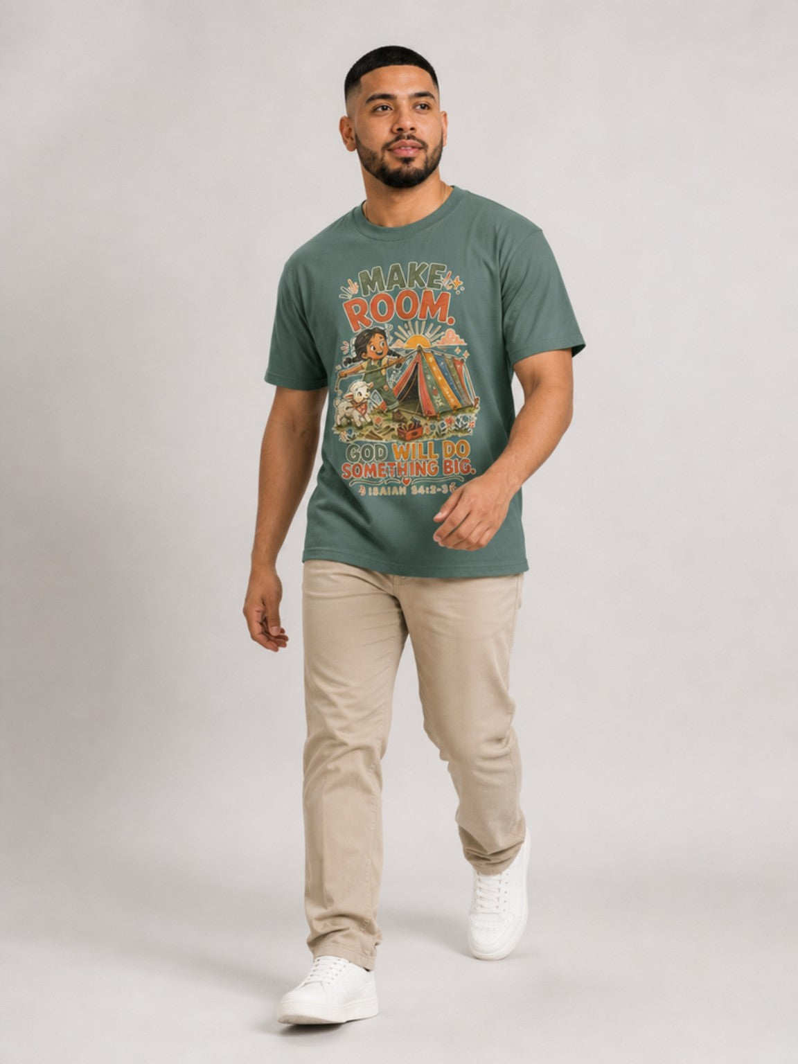 Make Room — God Will Do Something Big Christian T-shirt in Blue Spruce, mid-stride model view