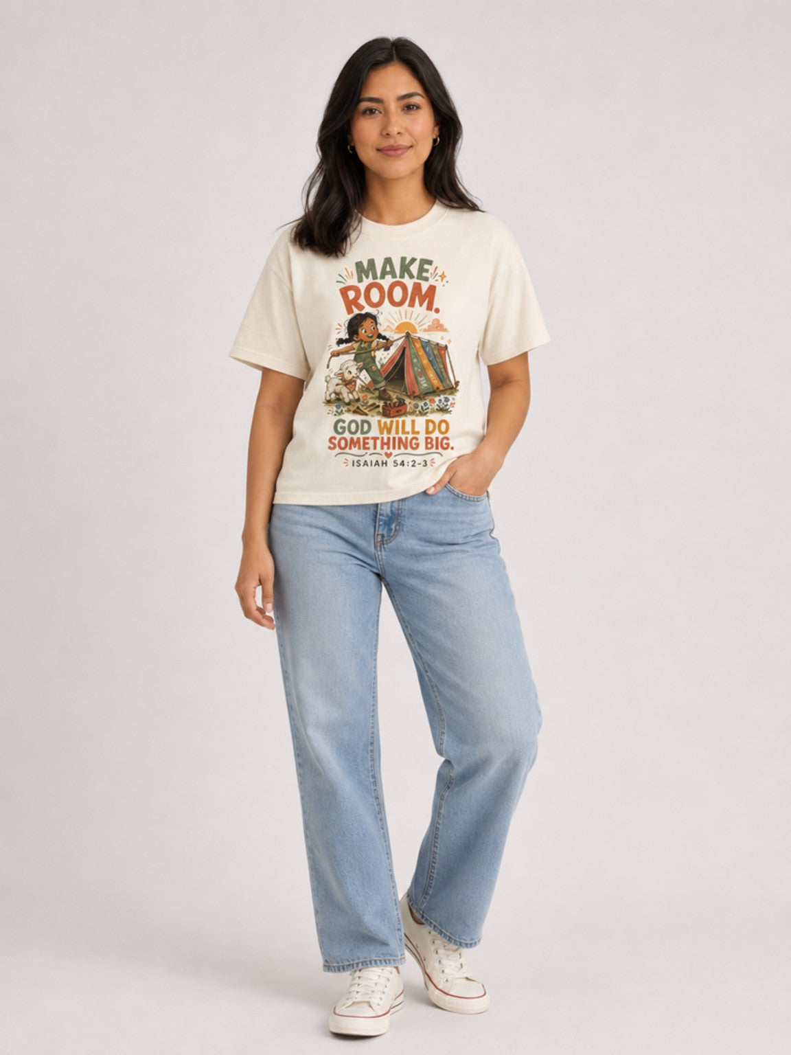 Make Room — God Will Do Something Big Christian T-shirt in Ivory, contrapposto model view
