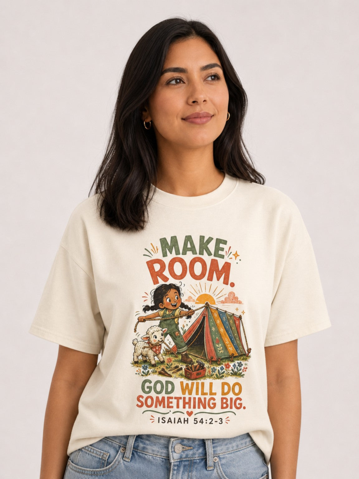 Make Room — God Will Do Something Big Christian T-shirt in Ivory, looking-up model view