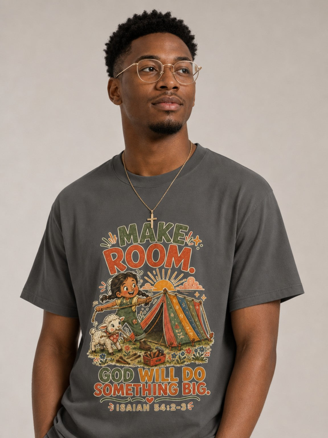 Make Room — God Will Do Something Big Christian T-shirt in Pepper, looking-up model view
